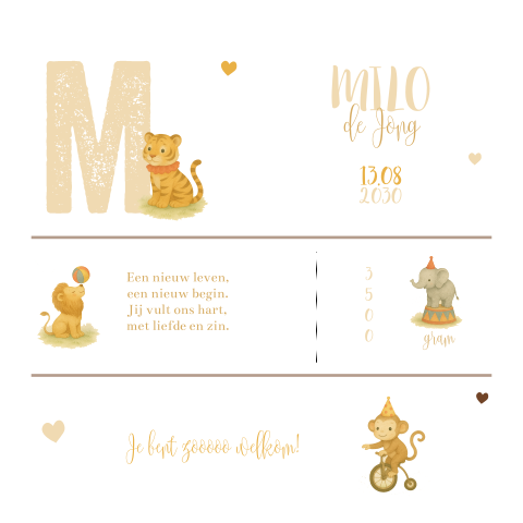 Geboortekaartje neutraal met circusdieren collage vierkant