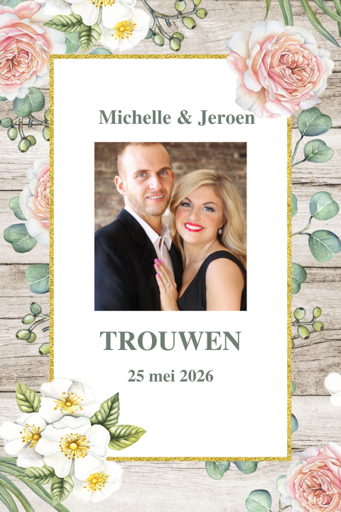 Romantische trouwkaart rozen eucalyptus en trouwfoto