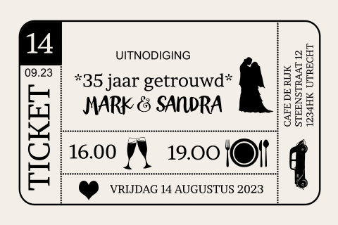 Originele jubileum uitnodiging ticket 35 jaar getrouwd