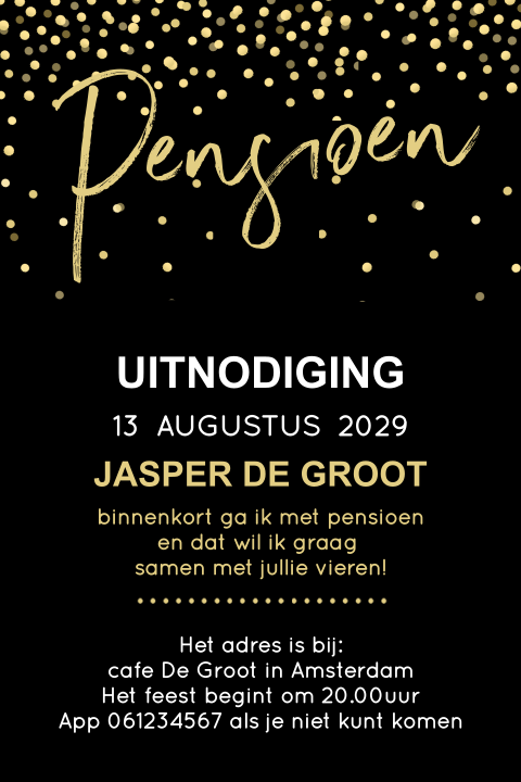 Pensioen feest uitnodiging met goudlook confetti