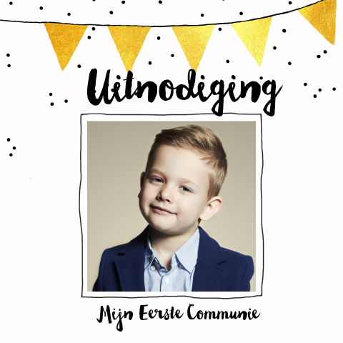 Hippe uitnodiging eerste communie met vlaggetjes