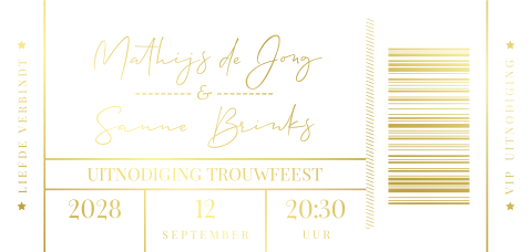 Trouwkaart ticket wit goudfolie stans