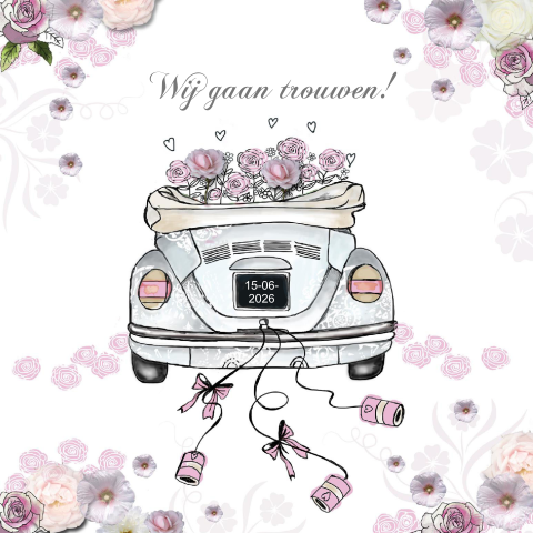 Trouwkaart met witte trouwauto en roze bloemen