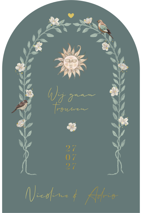 Een prachtige arch vorm botanische trouwkaart met goudfolie