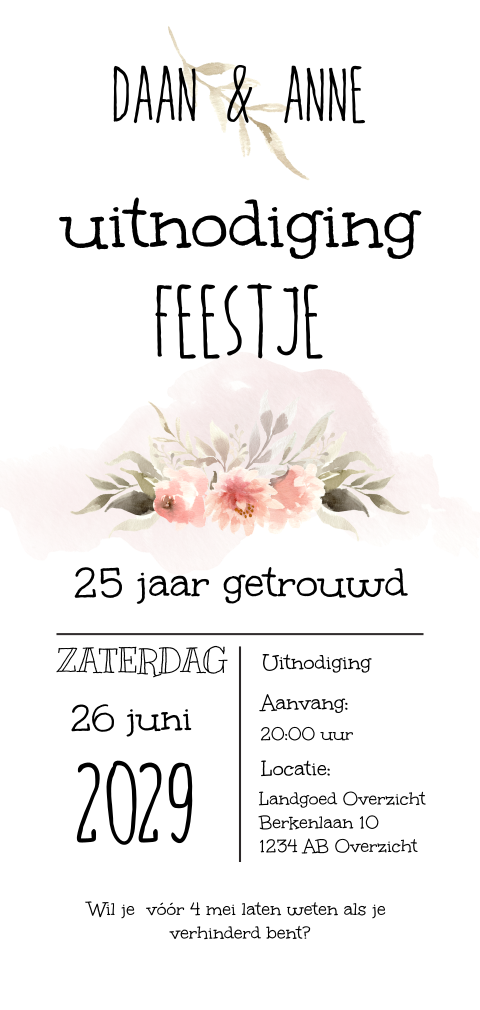 Staande 25 jaar getrouwd uitnodiging grafisch bloemen
