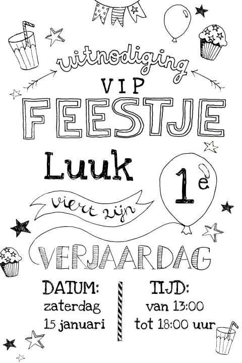 Kinderfeestje uitnodiging 1e verjaardag handlettering zwartwit