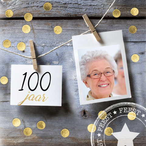 Uitnodiging verjaardag 100 jaar met foto en hout