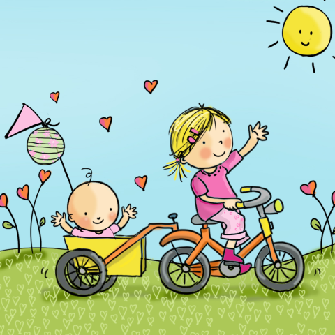 Geillustreerde geboortekaart grote zus op fiets met 2e kindje meisje