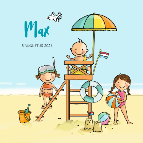 3e kindje geboortekaartje zomer zee en strand met 2 zussen