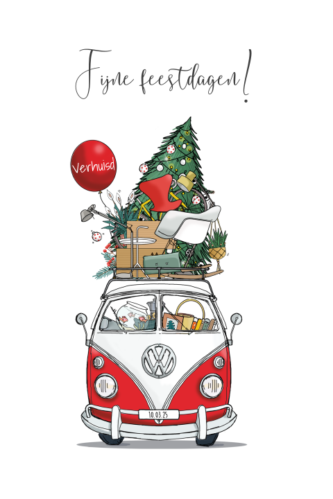 Trendy kerst verhuiskaart in kerstsfeer met vw busje