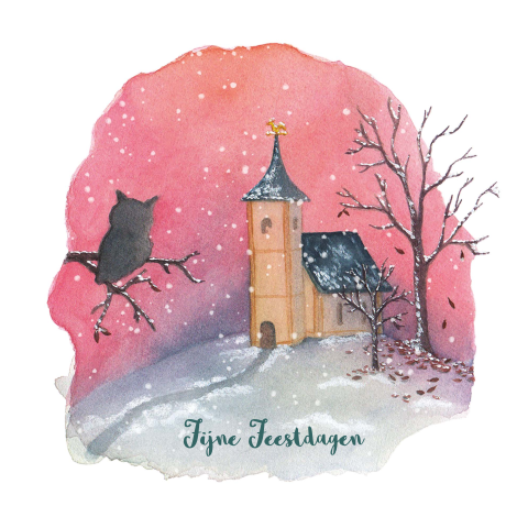 Kerstkaart met een kerk en tak met uil