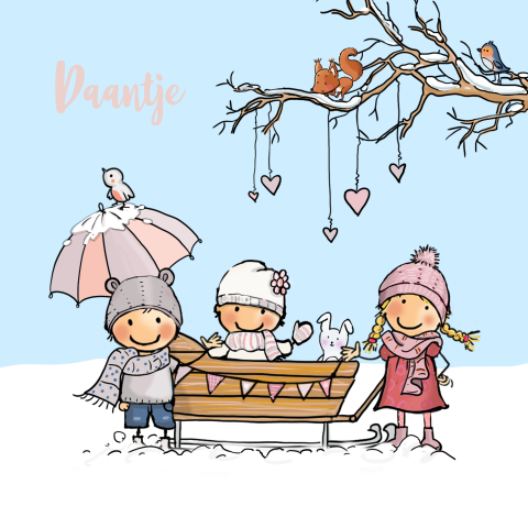 Winter geboortekaartje meisje met zus en broer in slee