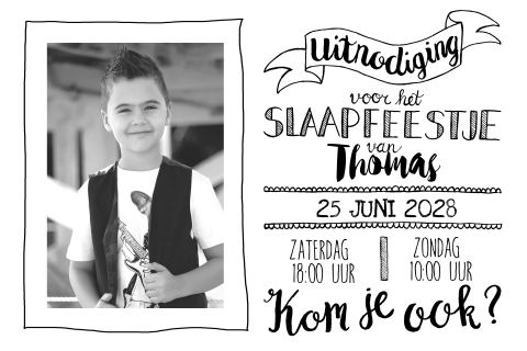 Uitnodiging slaapfeestje zwart wit handlettering foto