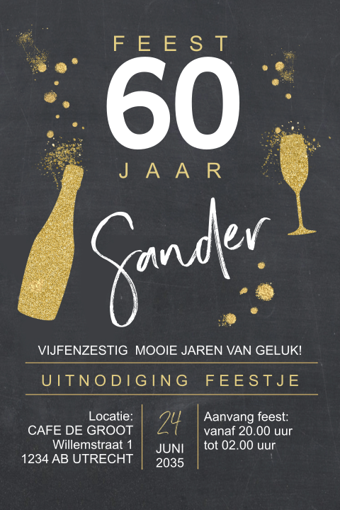 Hippe uitnodiging 60e verjaardag met glitterlook fles en glas