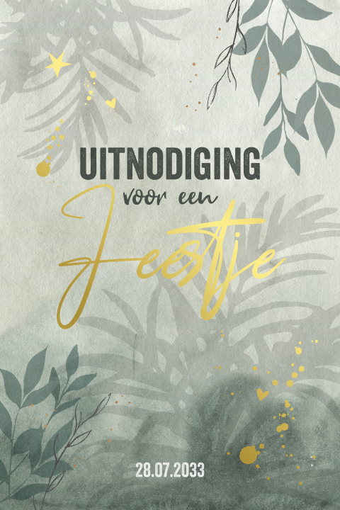 Uitnodiging feestje of verjaardag groene takjes en goudfolie