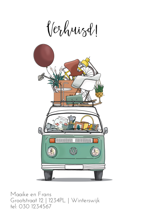 Grappige verhuiskaart met VW busje groen voorkant