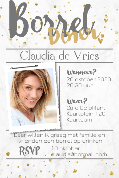 Uitnodiging borrel gouden glitters en foto