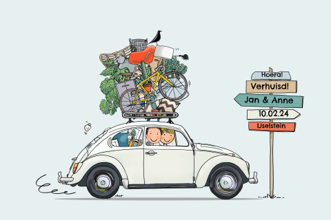 Vrolijke getekende verhuiskaart met Volkswagen kever wit met bordjes