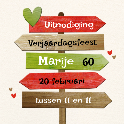 Uitnodiging 60e verjaardagsfeest vrolijke wegwijzer met hartje