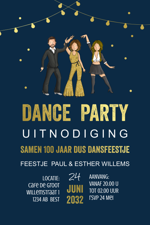 Uitnodiging dance party met lampjes en goudfolie