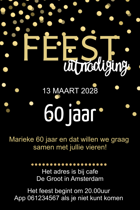Uitnodiging met gouden confetti verjaardag 60 jaar