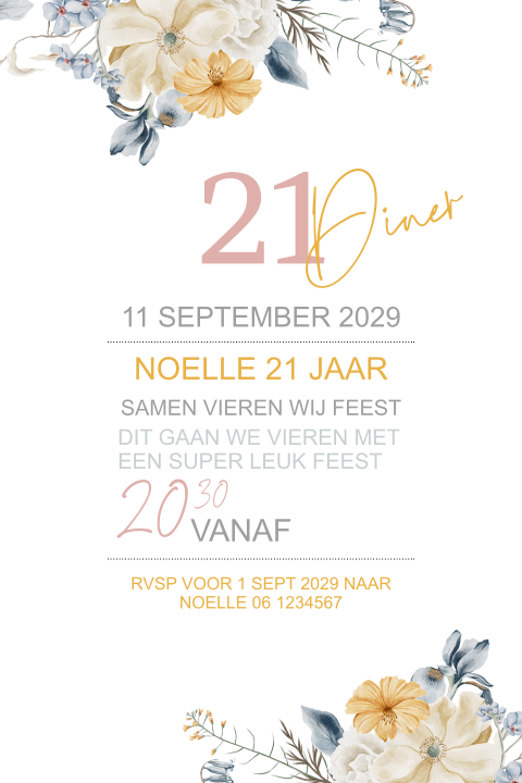 Uitnodiging 21 diner met bloemen watercolor elementen