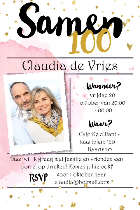Uitnodiging dubbel feest met roze confetti en typografie