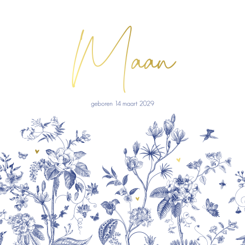 Geboortekaartje meisje chinees delfts blauw lentebloemen