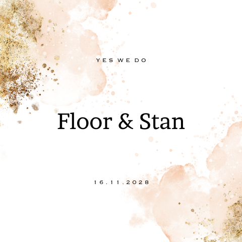 Trouwkaart roze waterverf en goud glitter look