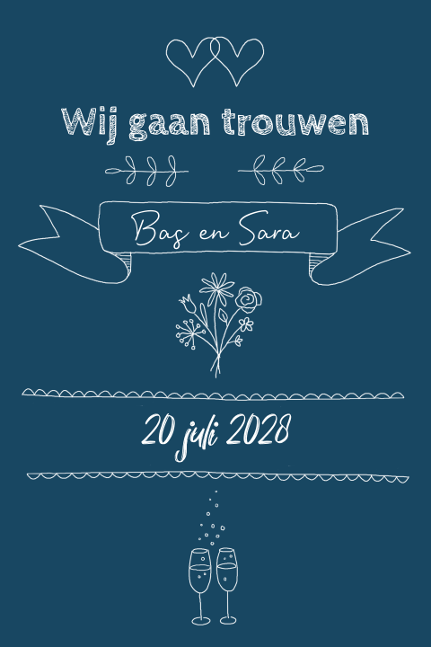 Trouwkaart handlettering blauw wit