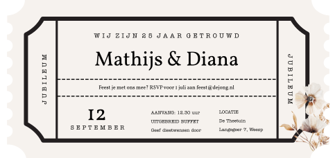 Hippe jubileum 25 jaar uitnodiging in de vorm van een ticket