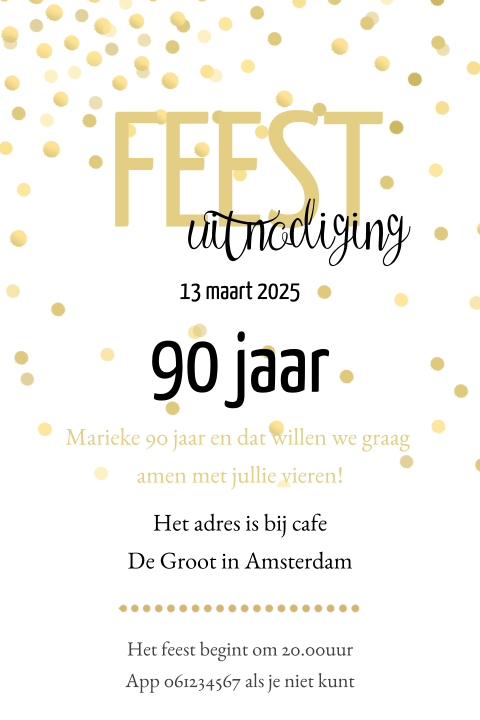 Uitnodiging 90 jaar wit met confetti