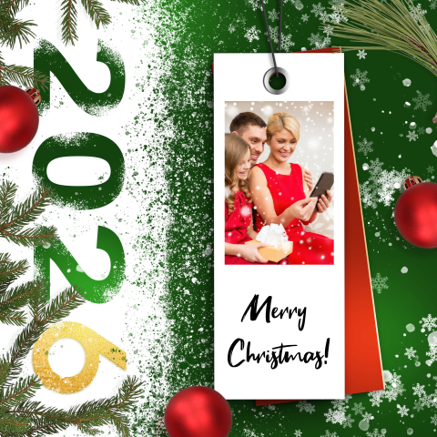 Kerstkaart met label en ruimte voor eigen foto