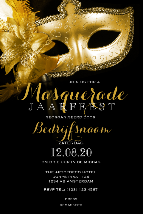 Uitnodiging gemaskerd bal stijl met goud venetiaans masker