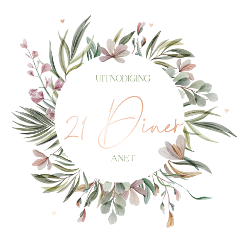 21-diner uitnodiging krans prachtige bloemen en takjes rose foliedruk