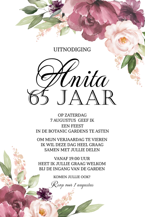 Uitnodiging voor 65e verjaardag vrouw met roze en paarse bloemen