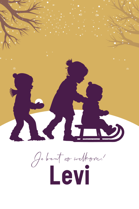 3e kindje geboortekaartje silhouet jongetje op slee winter