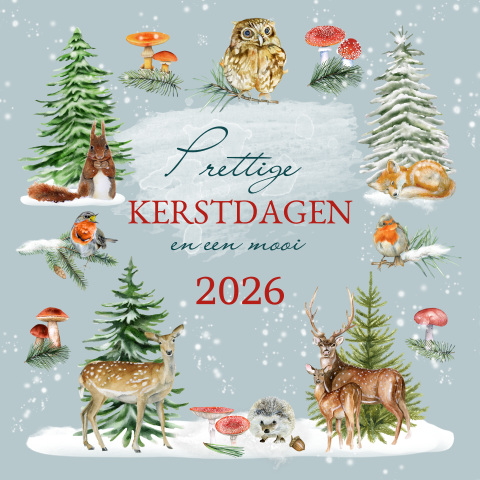 Kerstkaart met kerstbomen en bosdieren