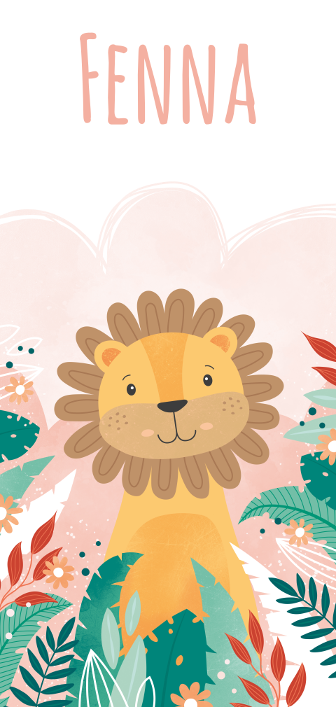 Roze geboortekaartje voor een meisje met leeuw en jungle bladeren