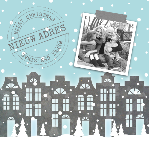 Kerstkaart verhuiskaart huisjes foto stempels