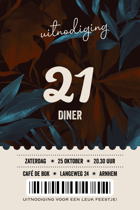 Verjaardagsuitnodiging 21 jaar ticket met bladeren
