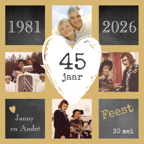 Fotokaart collage uitnodiging krijt hart 45 jaar getrouwd