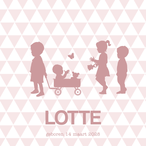 Bolderwagen geboortekaartje broer met zusje in kar vierde kindje