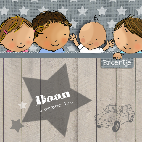 Hip geboortekaartje blauw linnen vierde kindje