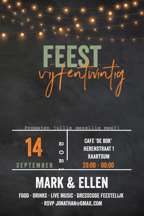 Jubileum uitnodiging krijtbord en lampjes 25 jaar