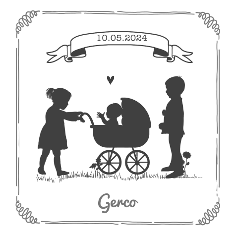 3e kindje geboortekaartje met banner en broer en zus