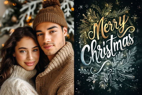 Kerstkaart eigen foto met Merry Cristmas op krijtbord