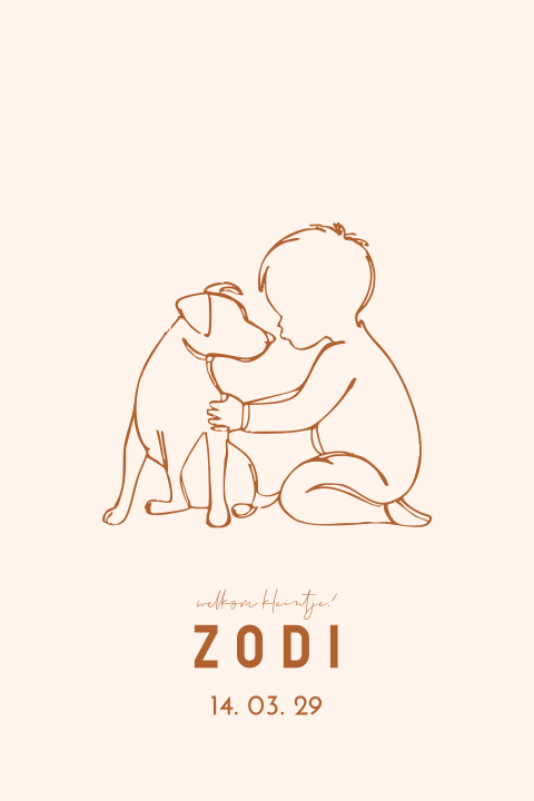 Geboortekaartje jongetje met lijntekening van een hond
