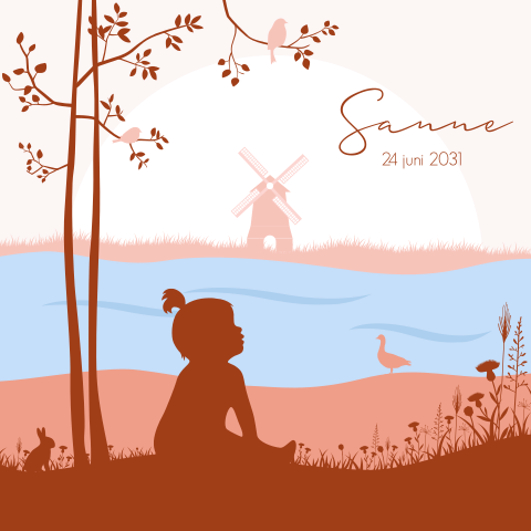 Geboortekaartje met silhouet van baby meisje in landschap
