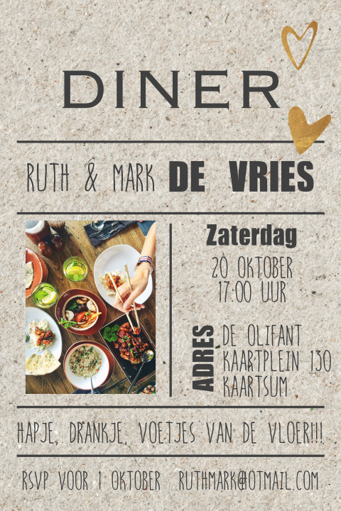 Uitnodigingskaart voor een diner met gouden details en typografie